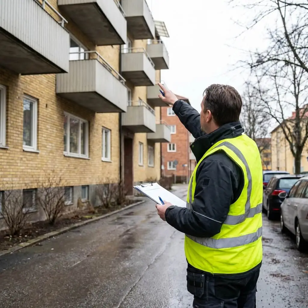 En man från Fastighetsförvaltning Stockholm i reflexväst håller i en skrivplatta och upprättar en underhållsplan för en brf och pekar upp mot balkongerna på ett flerfamiljshus en blöt och mulen dag. Bilar är parkerade längs gatan.