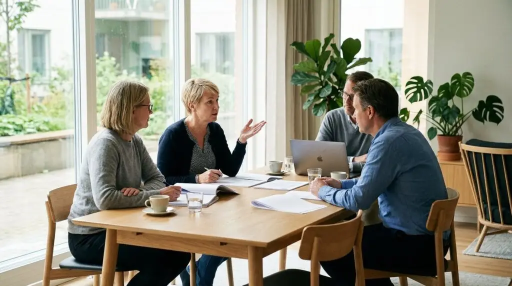 BRF-styrelse diskuterar val av fastighetsförvaltare vid styrelsemöte