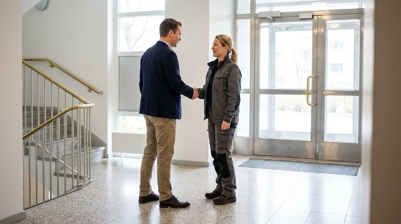 BRF-styrelseledamot och fastighetsförvaltare skakar hand vid avtal