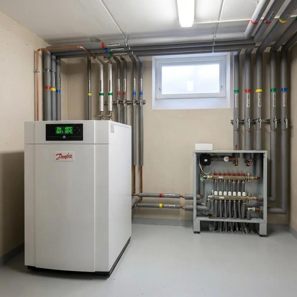 En modern och ren tvättstuga med ett stort vitt värmesystem till vänster och en synlig rörfördelare märkt Teknisk Förvaltning till höger; lysrör och ett litet fönster ger belysning.