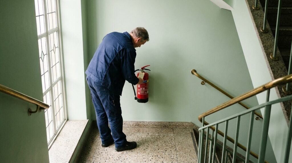 Fastighetsskötare kontrollerar brandsäkerhetsutrustning i trapphus