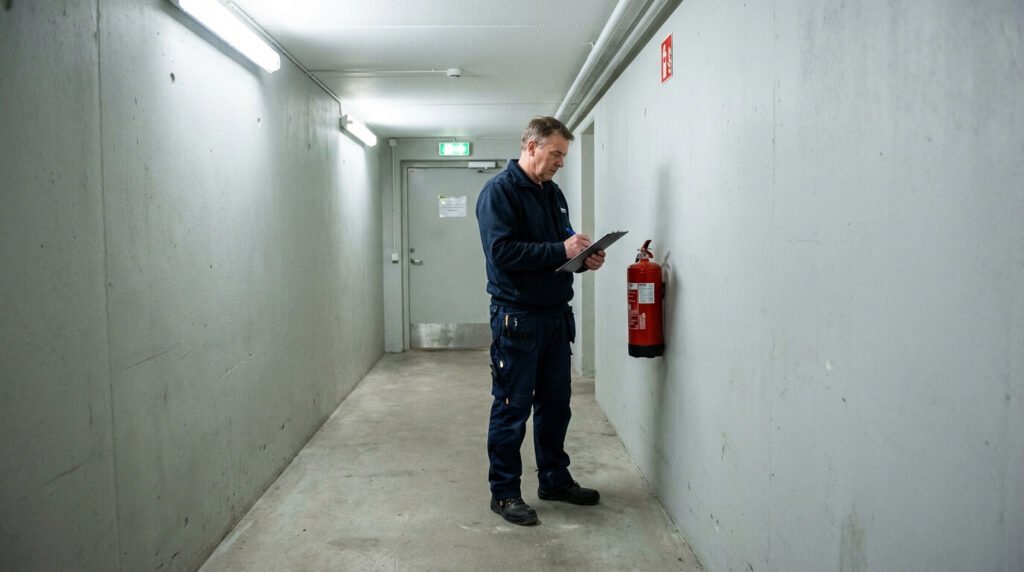 Fastighetsskötare kontrollerar brandsläckare vid rondering i källargång