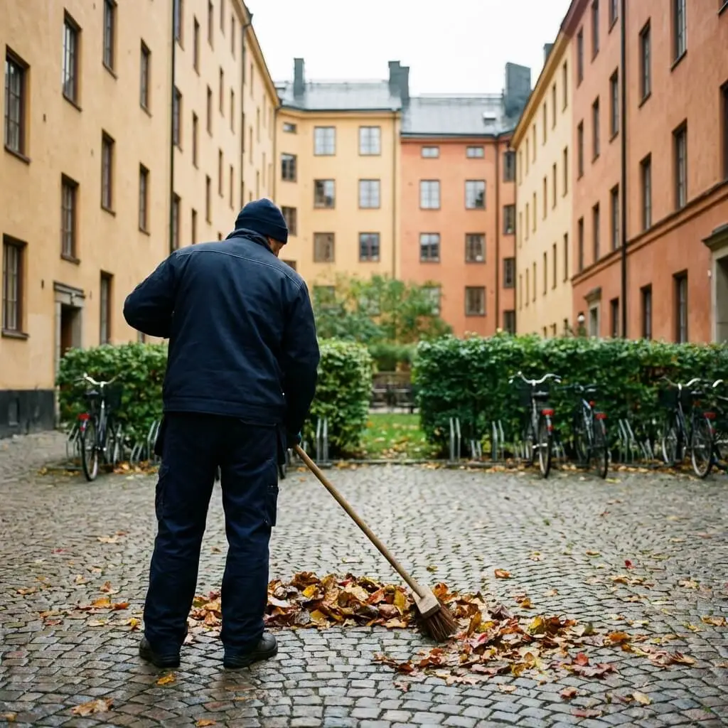 En teknisk förvaltare i mörka kläder sopar höstlöv på en kullerstensbelagd innergård mellan två rader av orange och gula hyreshus, med cyklar parkerade längs sidorna.