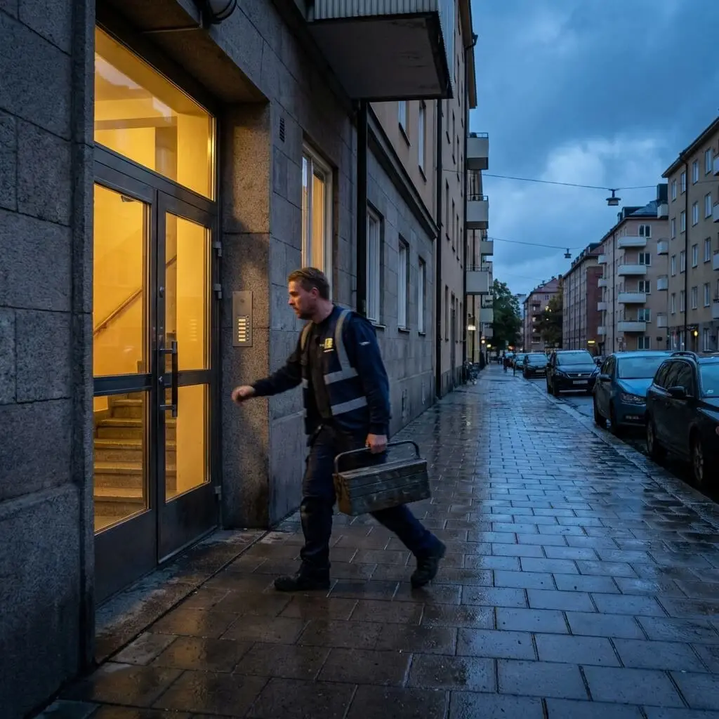 En man med en verktygslåda i handen går mot entrén till ett flerfamiljshus på en våt stadsgata i skymningen. Jourutryckning till ett Stockholms flerbostadshus en kvällstimme