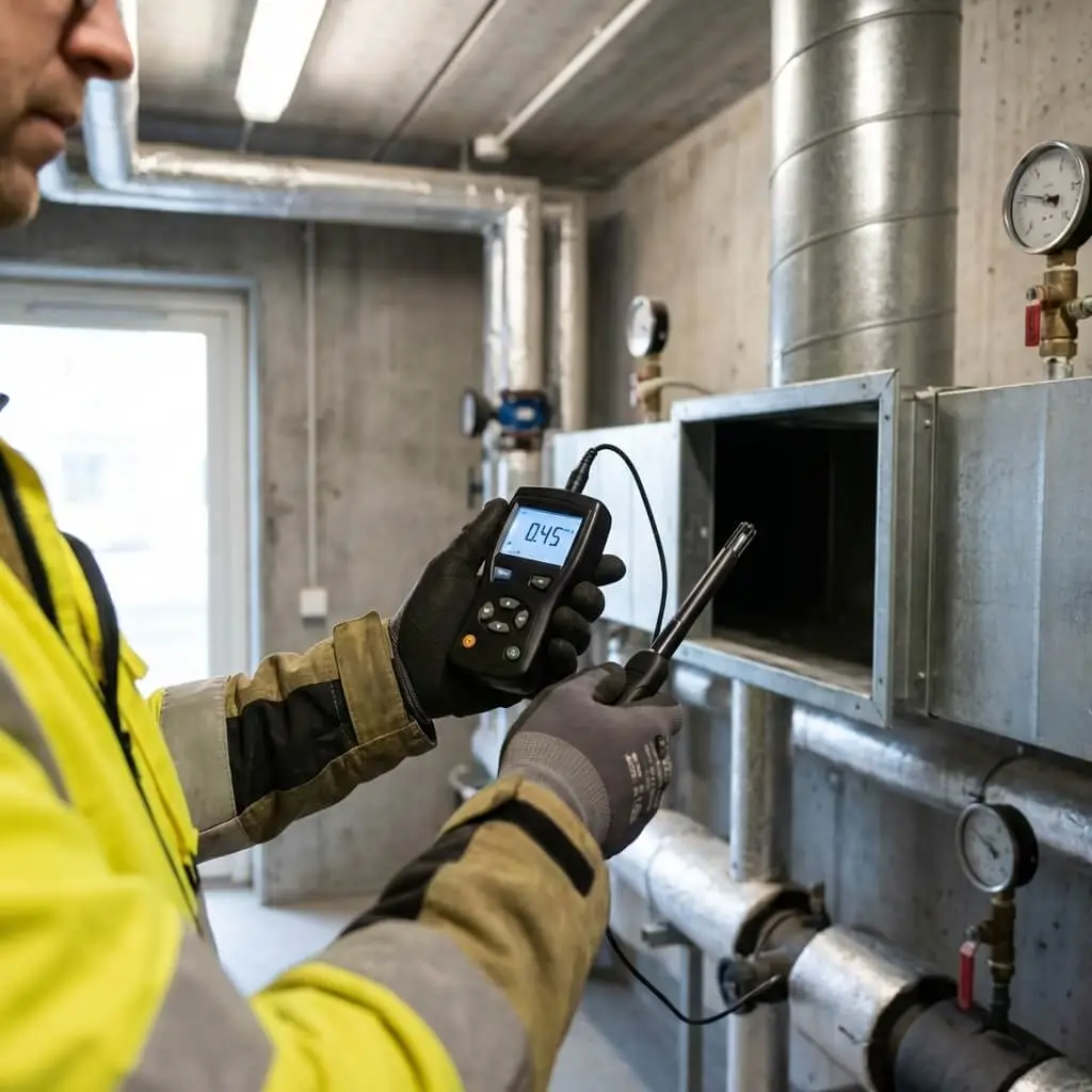 En person med skyddshandskar och gul skyddsjacka, som arbetar på Teknisk Förvaltning, använder en handhållen digital mätare för att mäta luftkvalitet eller temperatur i ett industriellt ventilationssystem med metallkanaler och mätare.