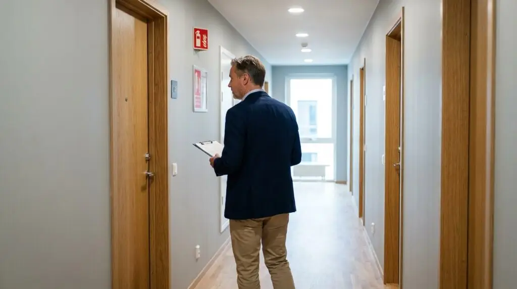 Tekniker inspekterar brandskyddssystem i flerbostadshus – en av fastighetsförvaltarens tekniska uppgifter