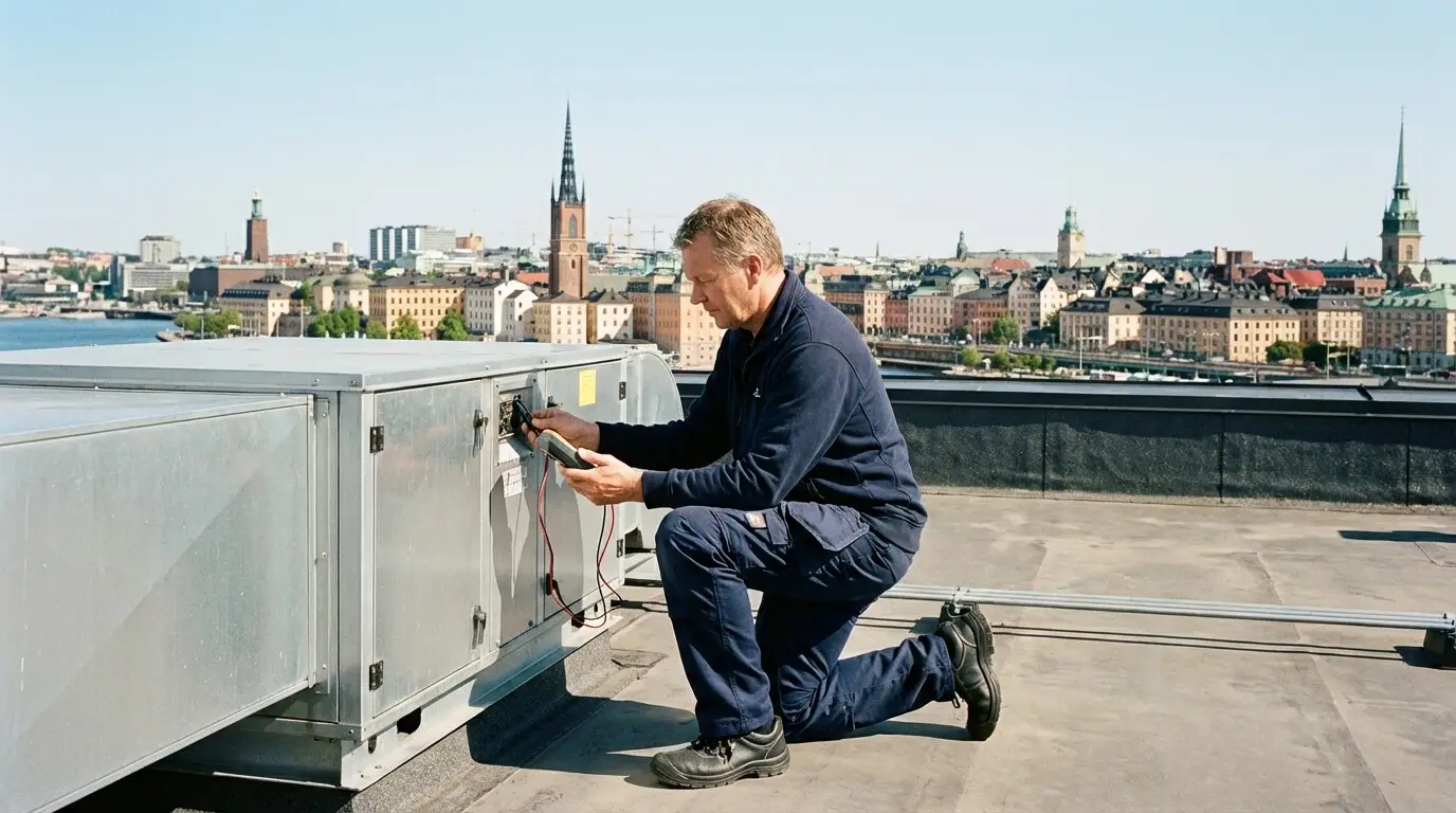 Teknisk förvaltare inspekterar ventilationsenhet på tak i Stockholm – exempel på teknisk förvaltning