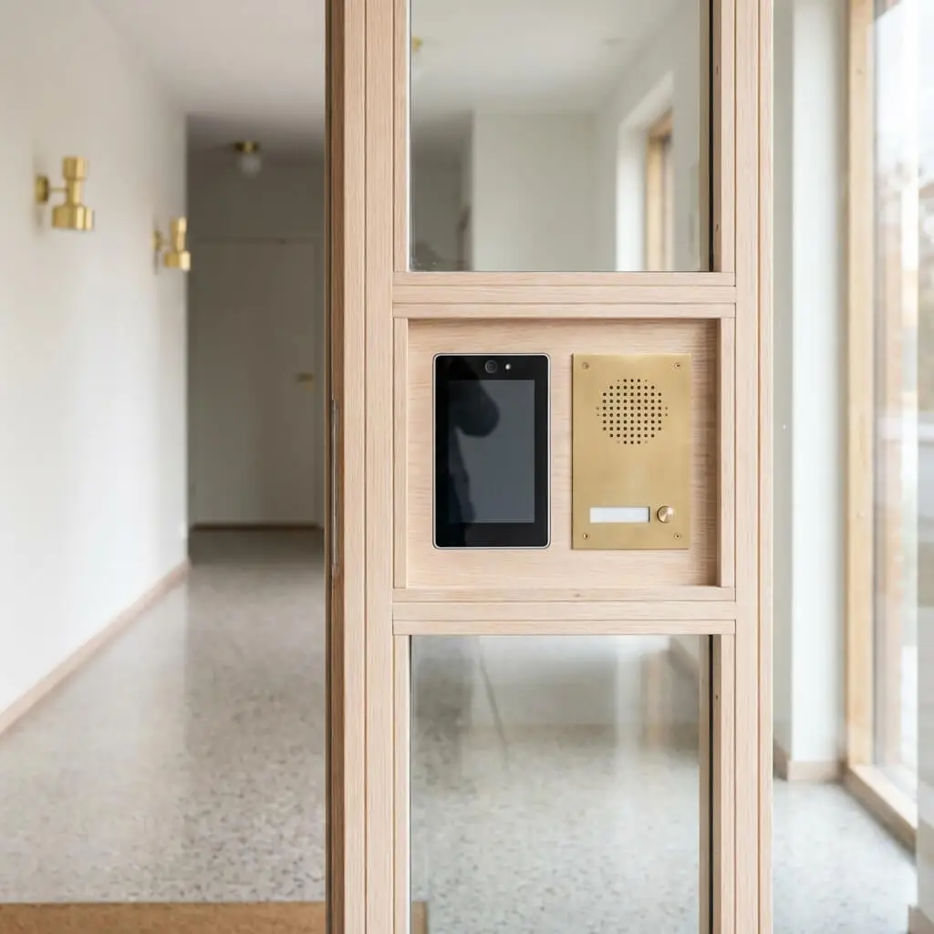 Ett modernt intercom-system med pekskärm och högtalarpanel, designat för effektiva Teknisk Förvaltning, är monterat på en ljus trä- och glasvägg i en ljus hall med terrazzogolv och vägglampor i mässing.