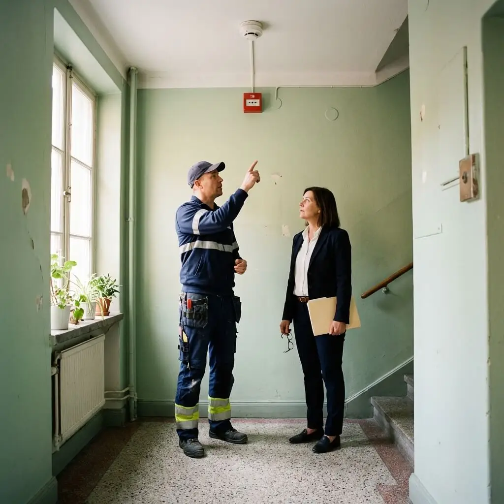 Teknisk förvaltare visar BRF-styrelseledamot brandskyddsutrustning i ett Stockholms trapphus