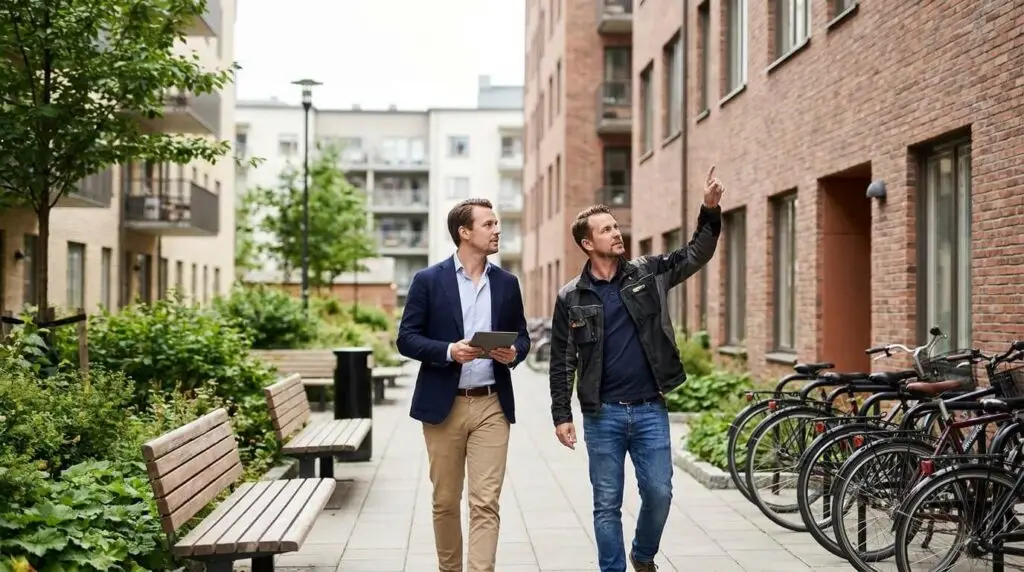 Två män går på en innergård till ett modernt lägenhetskomplex och diskuterar fastighetsförvaltning; den ena i kostym håller i en surfplatta medan den andra pekar mot en byggnad, omgiven av bänkar, växter och parkerade cyklar.