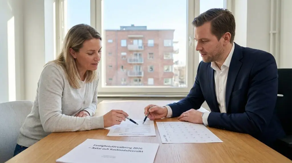 En kvinna och en man sitter vid ett bord på ett kontor och går igenom dokument tillsammans. Kvinnan pekar på ett papper med en penna medan mannen lyssnar uppmärksamt. På bordet ligger papper med diagram och text utspridda.