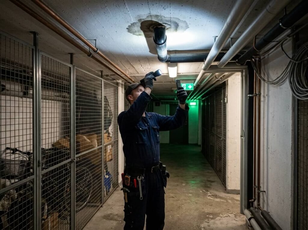 Fastighetstekniker dokumenterar fukfläck vid rörgenomföring i källargång med ficklampa och mobilkamera