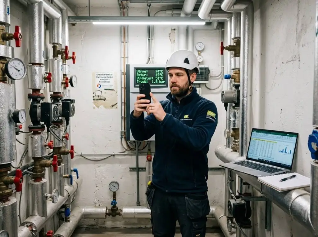Energiexpert fotograferar fjärrvärmecentral i pannrum vid energideklaration av flerfamiljshus i Stockholm