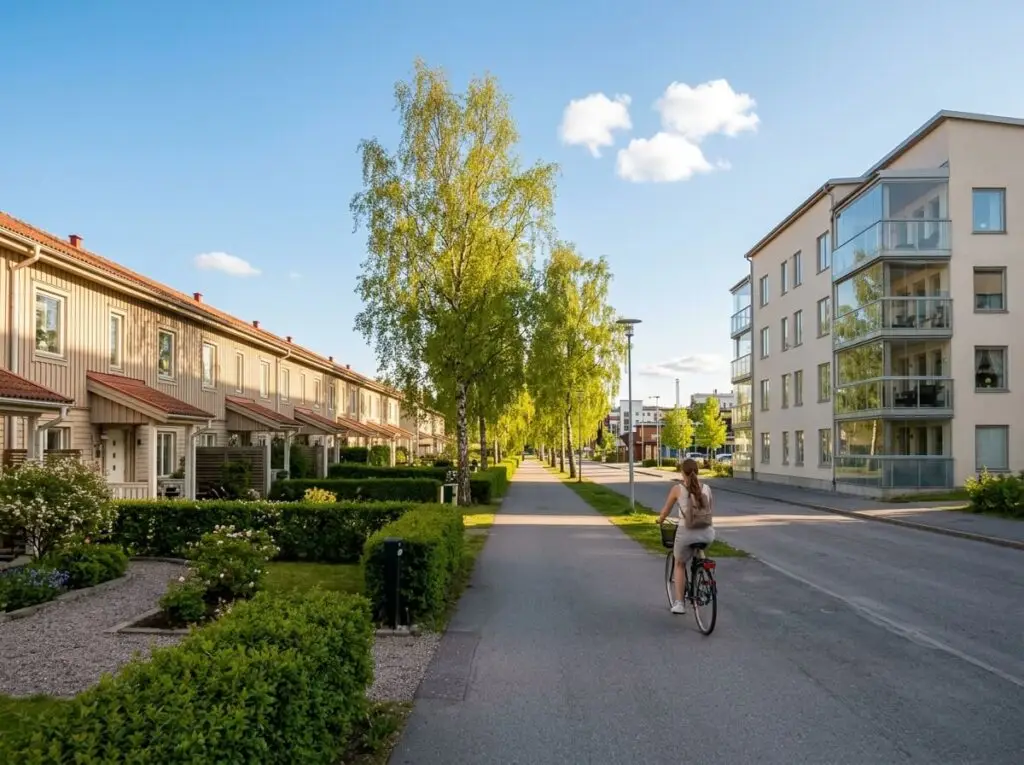 Bostadsgata i Åkersberga med radhus i trä och nyproduktion i bakgrunden i försommarljus