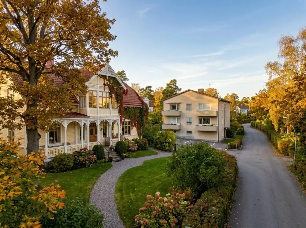 Villagata i Djursholm med sekelskiftesvilla och flerfamiljshus sida vid sida i höstljus