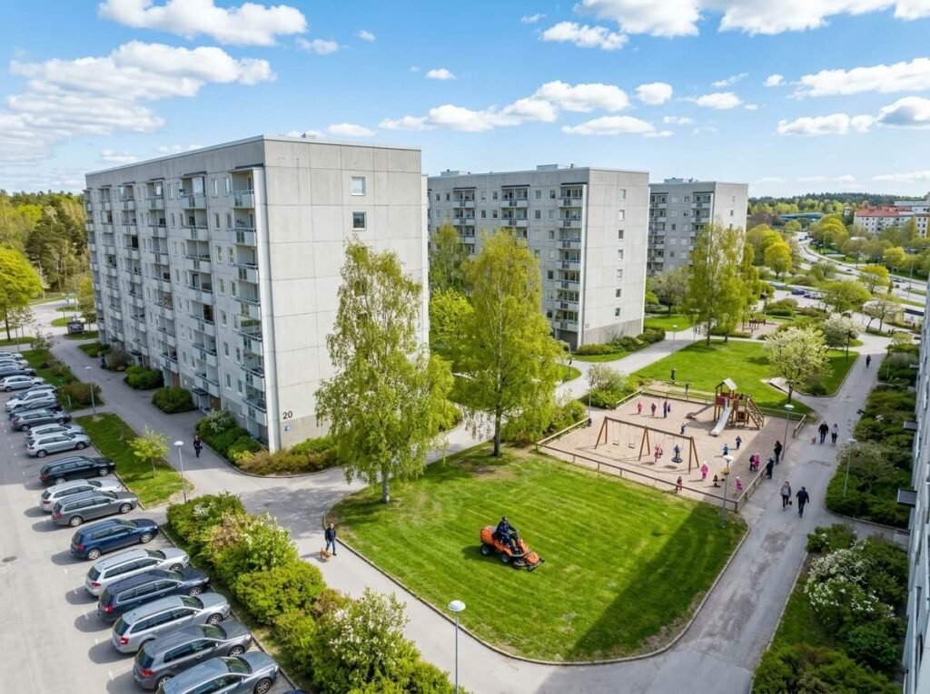 Miljonprogramsområde i Flemingsberg med välskötta gårdar, lekplats och björkar i vårgrönska sett från ovan
