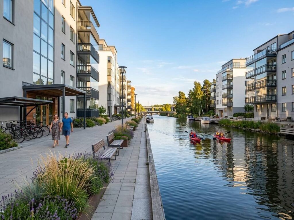 Moderna flerfamiljshus längs Sickla kanal i Nacka med gångväg och vattenspegel i sensommarljus
