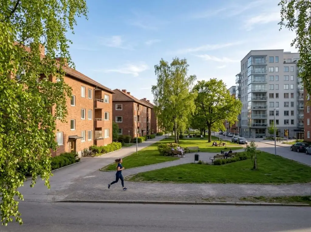 Lamellhus i tegel i Edsberg med gröna gårdar och nyproduktion vid Sollentuna centrum i bakgrunden