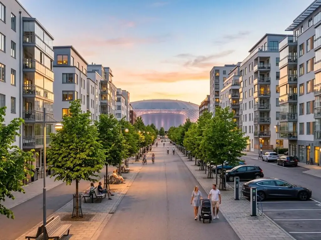 Moderna flerfamiljshus vid Arenastaden i Solna med boulevard och Friends Arena i bakgrunden i sommarkvällsljus