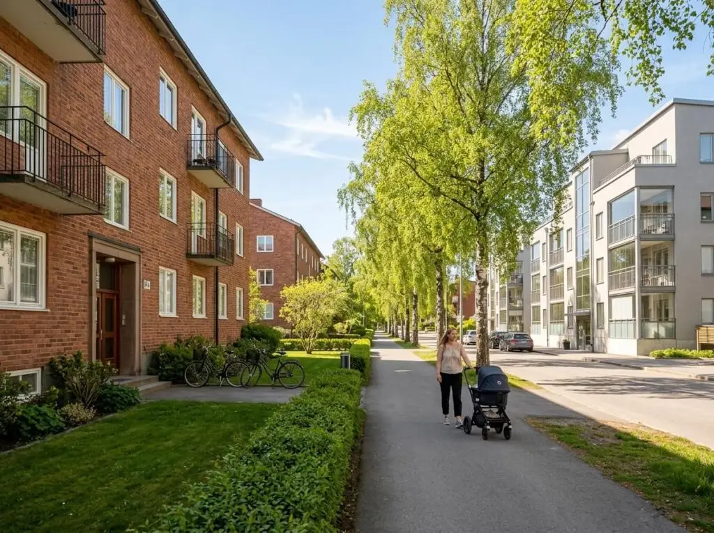 Bostadsgata i Täby med 60-tals tegelhus och modern nyproduktion sida vid sida i försommarljus