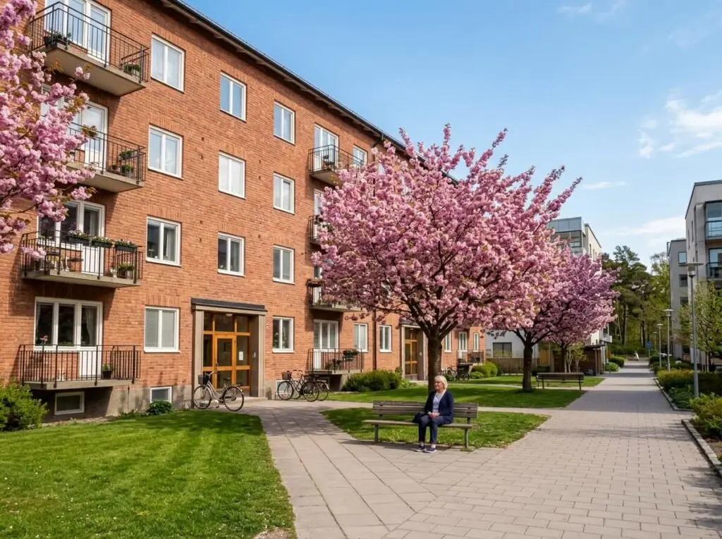 Flerfamiljshus i tegel i Bollmora, Tyresö, med blommande körsbärsträd och välskött gård i vårljus