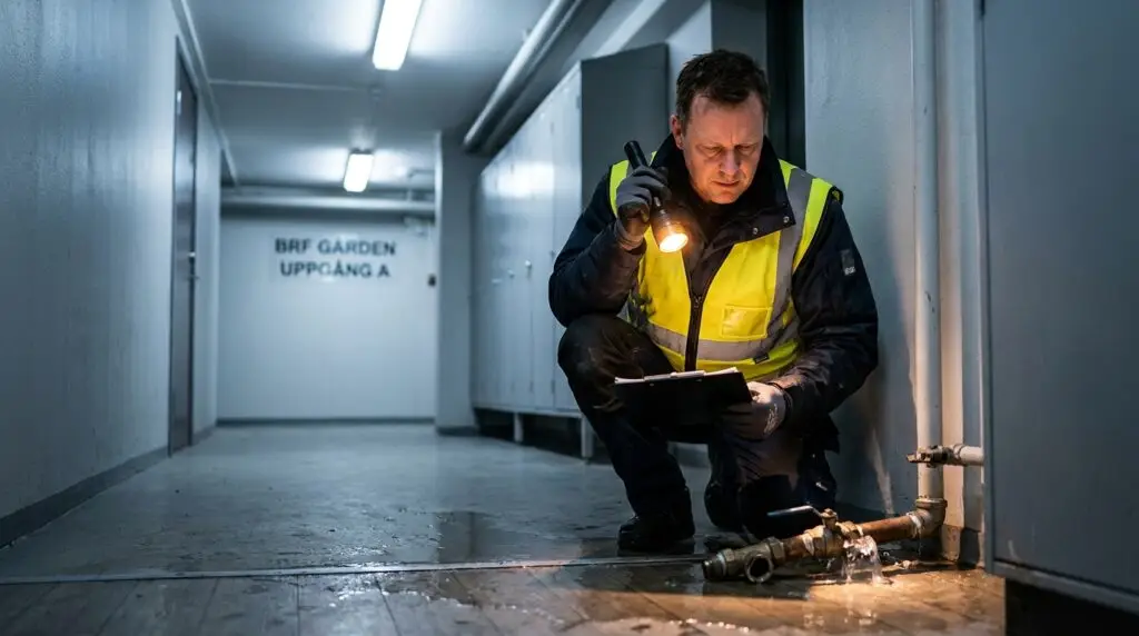 En underhållsarbetare i reflexväst undersöker ett läckande rör med en ficklampa och gör anteckningar på en skrivplatta i en svagt upplyst korridor med vatten på golvet.