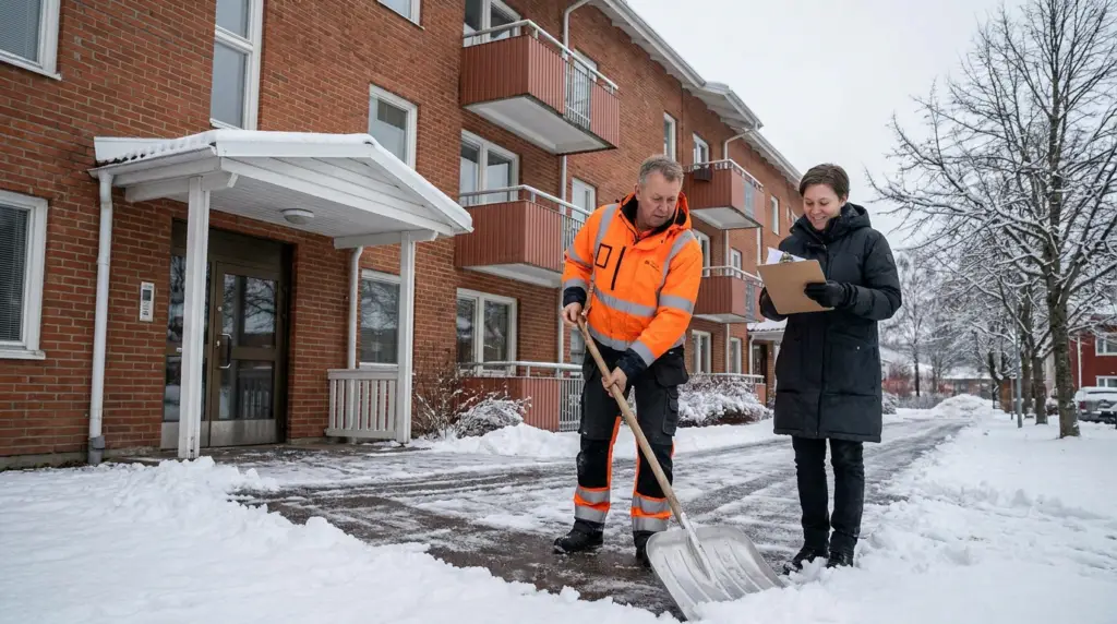 En man i ljusorange jacka skottar snö från en gångväg utanför ett hyreshus, medan en kvinna i mörk rock står bredvid med en skrivplatta i handen och ler. Snö täcker marken och träden.