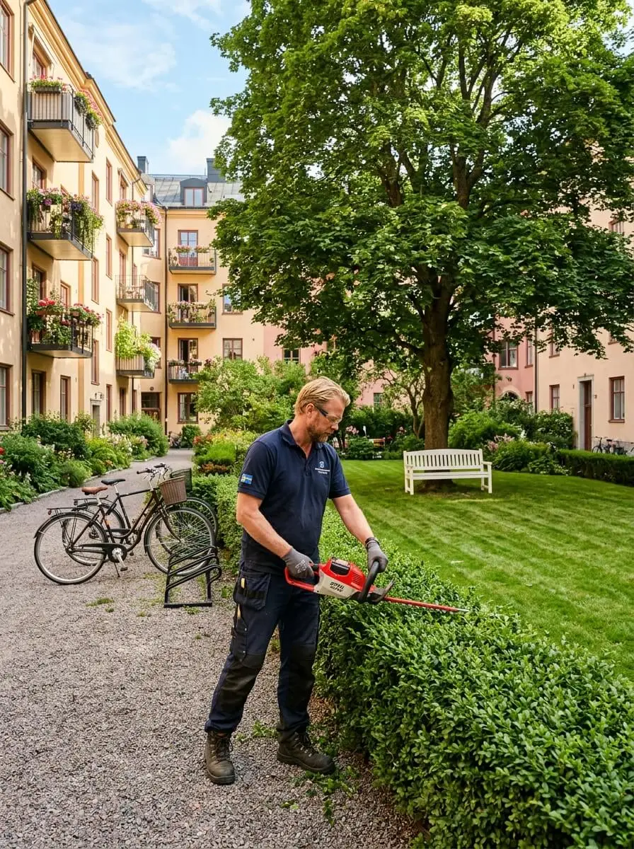 Fastighetsskötare klipper häck på välskött innergård till flerfamiljshus i Stockholm