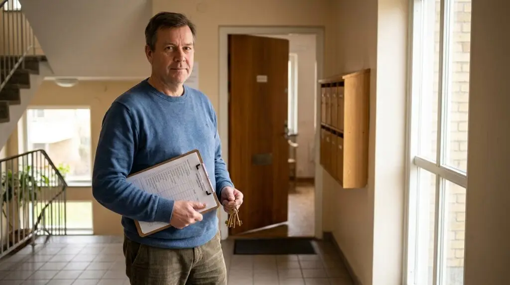 En man i blå tröja står i en korridor nära brevlådor och håller i en skrivplatta och en nyckelknippa. Korridoren är upplyst av naturligt ljus från stora fönster och en dörr är öppen utåt.