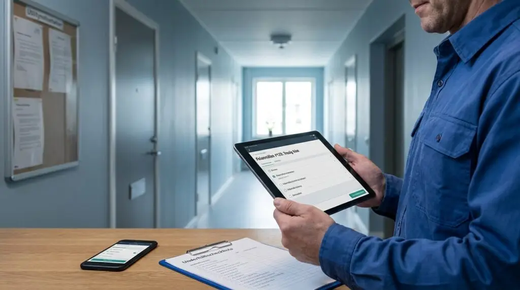 En person i blå skjorta står vid ett skrivbord och håller i en surfplatta som visar ett formulär. En skrivplatta med papper och en smartphone ligger på skrivbordet i en korridor med anslagstavlor och dörrar.