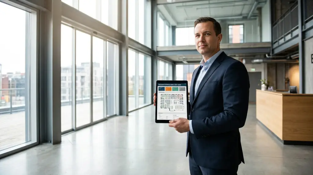 En kostymklädd man står i en modern, rymlig kontorsbyggnad och håller i en surfplatta som visar en planritning på skärmen. Stora fönster och modern inredning syns i bakgrunden.