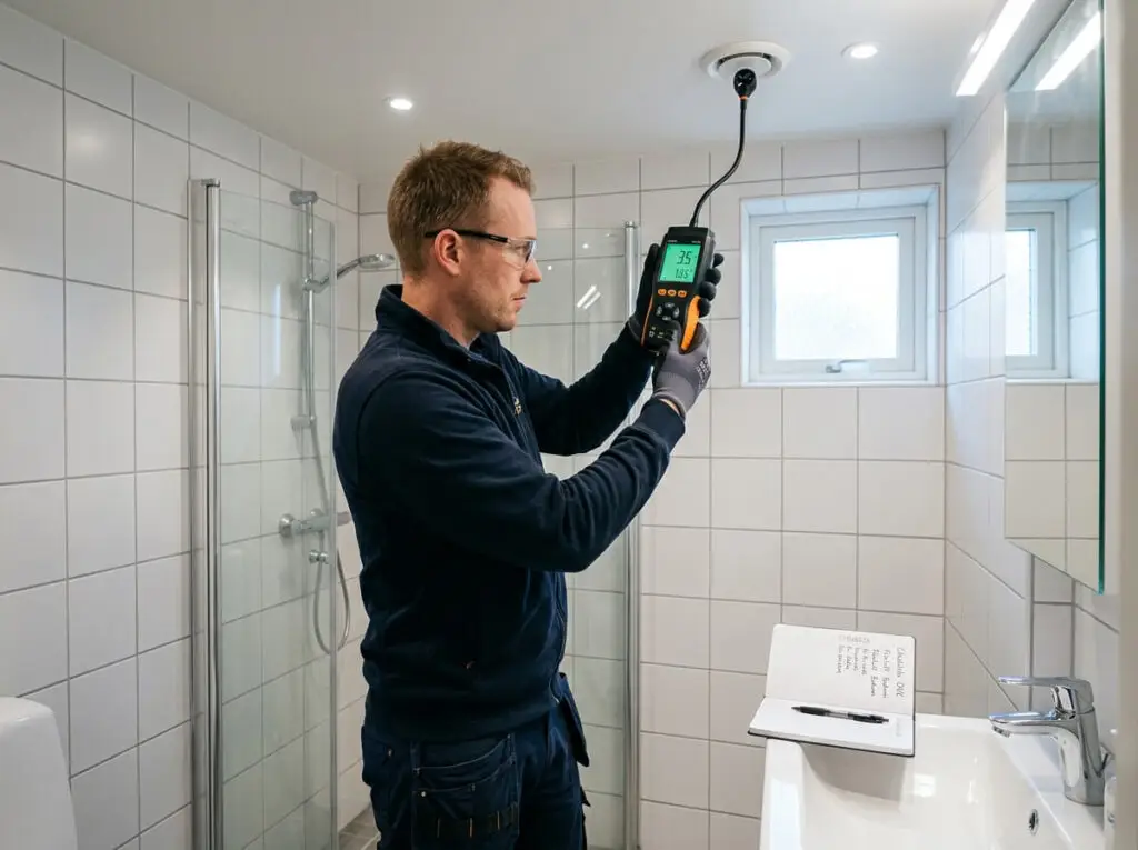 Ventilationskontrollant mäter luftflöde i frånluftsdon i badrum vid OVK-besiktning i Stockholm