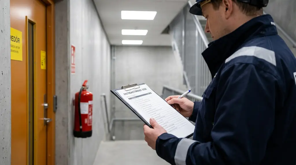 En person i skyddsutrustning håller i en skrivplatta och penna och inspekterar eller fyller i ett formulär i en korridor med betongväggar, en gul dörr, en brandsläckare och en trappa i bakgrunden.