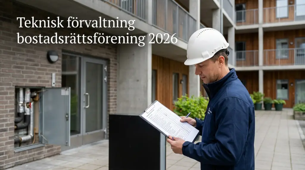 En man i skyddshjälm och blå jacka granskar dokument på en skrivplatta utanför ett hyreshus. Text på svenska: "Teknisk förvaltning bostadsrättsförening 2026.