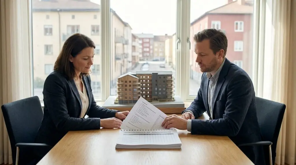 Två personer i affärskläder sitter vid ett bord och går igenom dokument tillsammans. I bakgrunden syns en skalenlig modell av ett hyreshus och stora fönster som visar stadens byggnader.