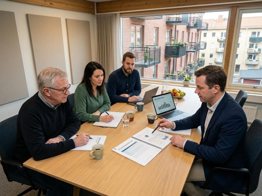 Förvaltare presenterar dokument för tre styrelseledamöter vid konferensbord med fasadvy genom fönster