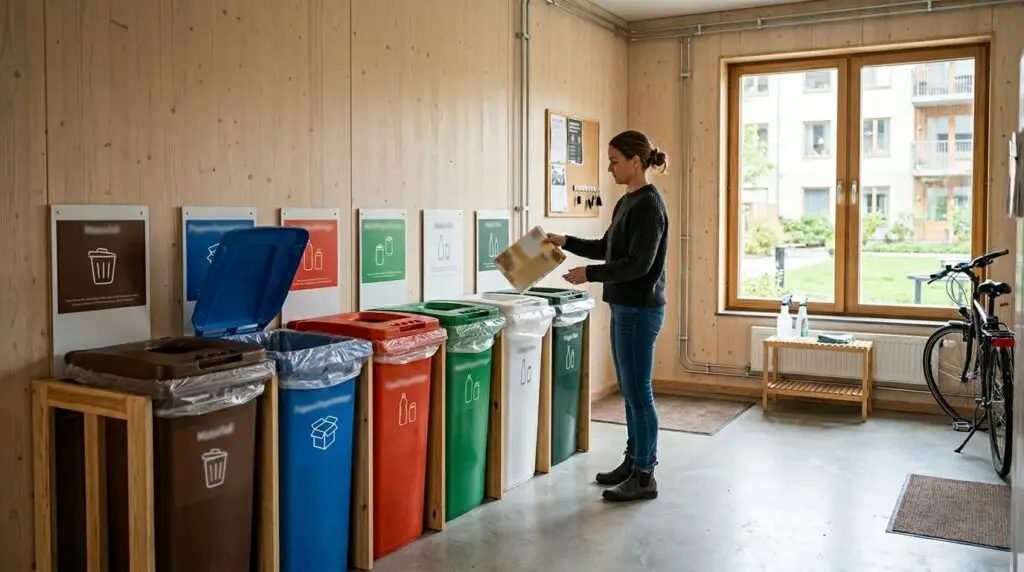 En person står inomhus i en bostadsrättsförening och sorterar avfall i färgkodade källsorteringskärl. Skyltar ovanför kärlen anger vilka material som ska återvinnas. Genom fönstret syns byggnader och grönska; en cykel står parkerad inne i lokalen.