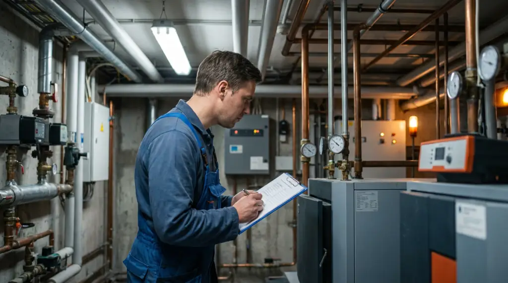 En underhållsarbetare i blå overaller inspekterar industriutrustning i ett maskinrum. Han håller i ett skrivunderlägg och en penna medan han kontrollerar mätare och kontrollpaneler, omgiven av rör och maskiner.