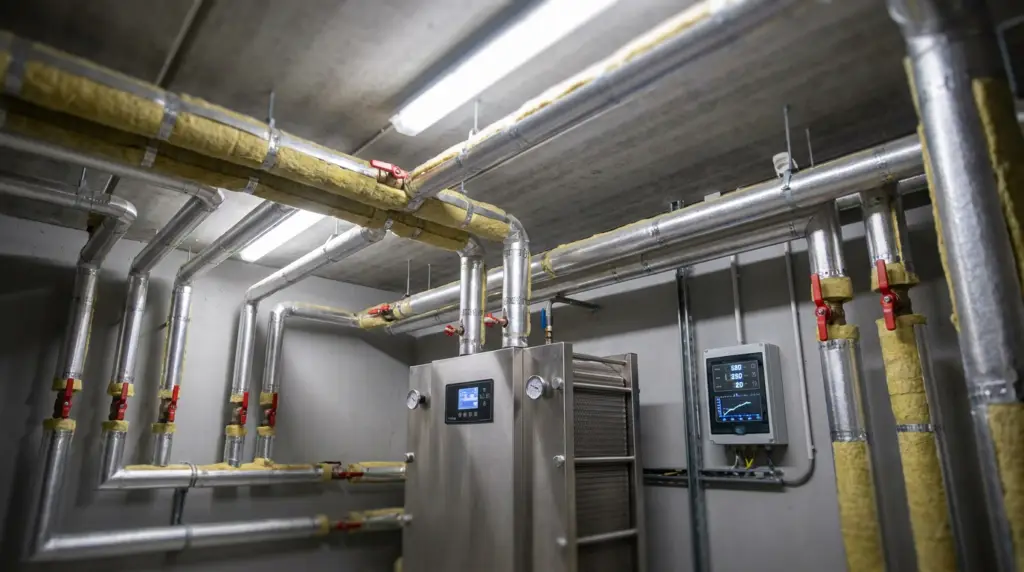 Ett teknikrum med isolerade metallrör, en styrenhet med digitala displayer, röda ventilhandtag och en väggmonterad kontrollpanel som visar systemdata. Utrymmet belyses av lysrör.